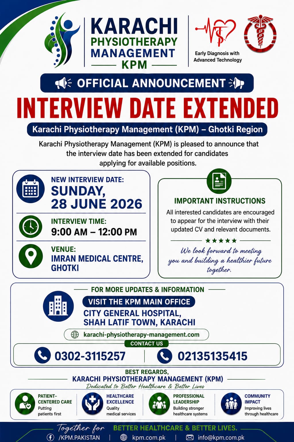 Interview Date Extended – Karachi Physiotherapy Management (KPM) Ghotki Region