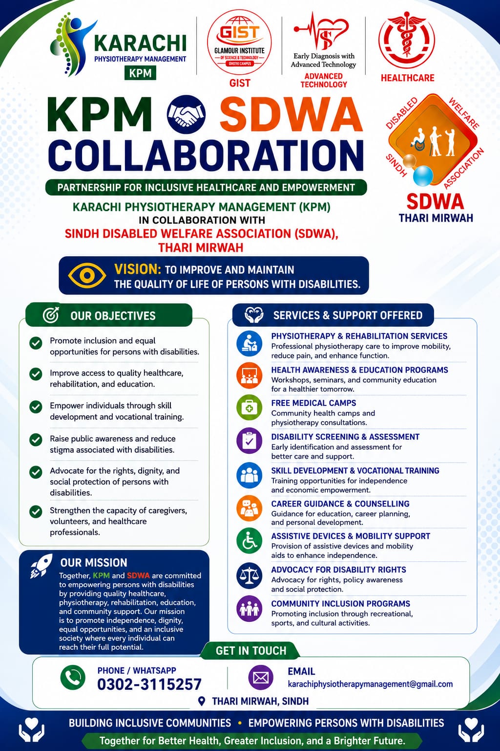 Karachi Physiotherapy Management (KPM) & Sindh Disabled Welfare Association (SDWA) Collaboration – Building Inclusive Healthcare & Empowering Lives