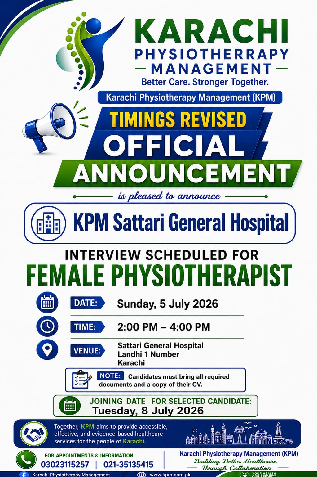 Official Interview Announcement – Female Physiotherapist Recruitment at KPM Sattari General Hospital