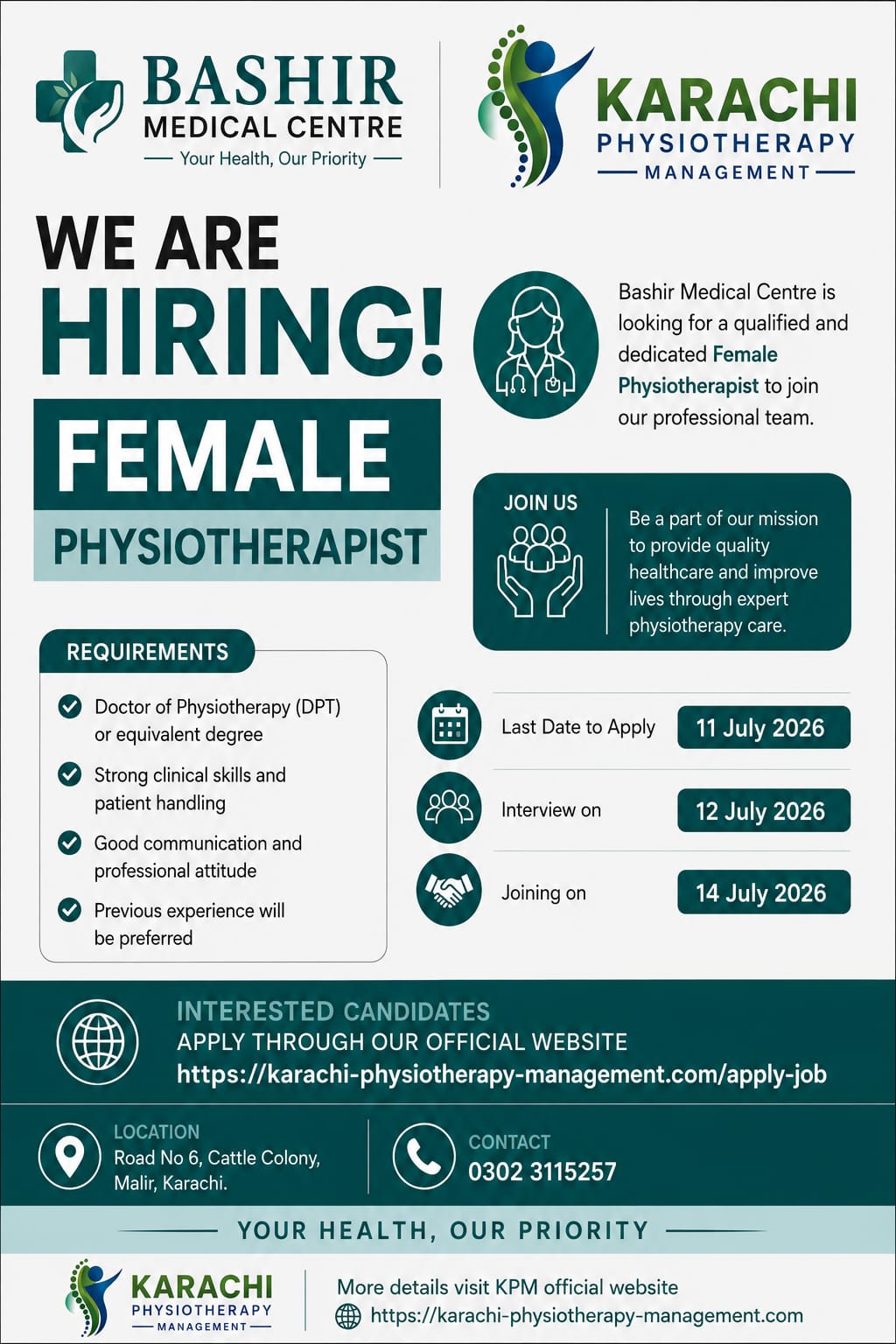 Female Physiotherapist Required – Join Bashir Medical Centre & Karachi Physiotherapy Management